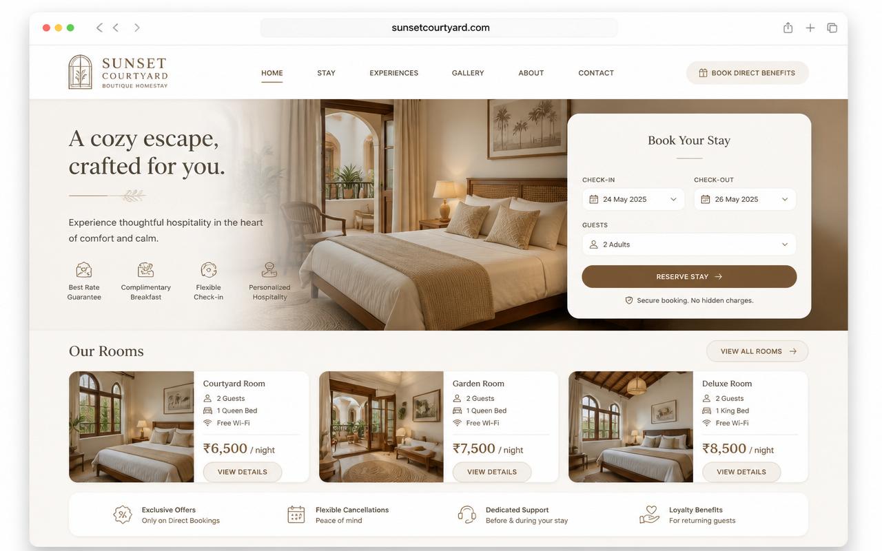 ScaleTube direct booking website preview showing a homestay booking page with room cards and a reservation widget