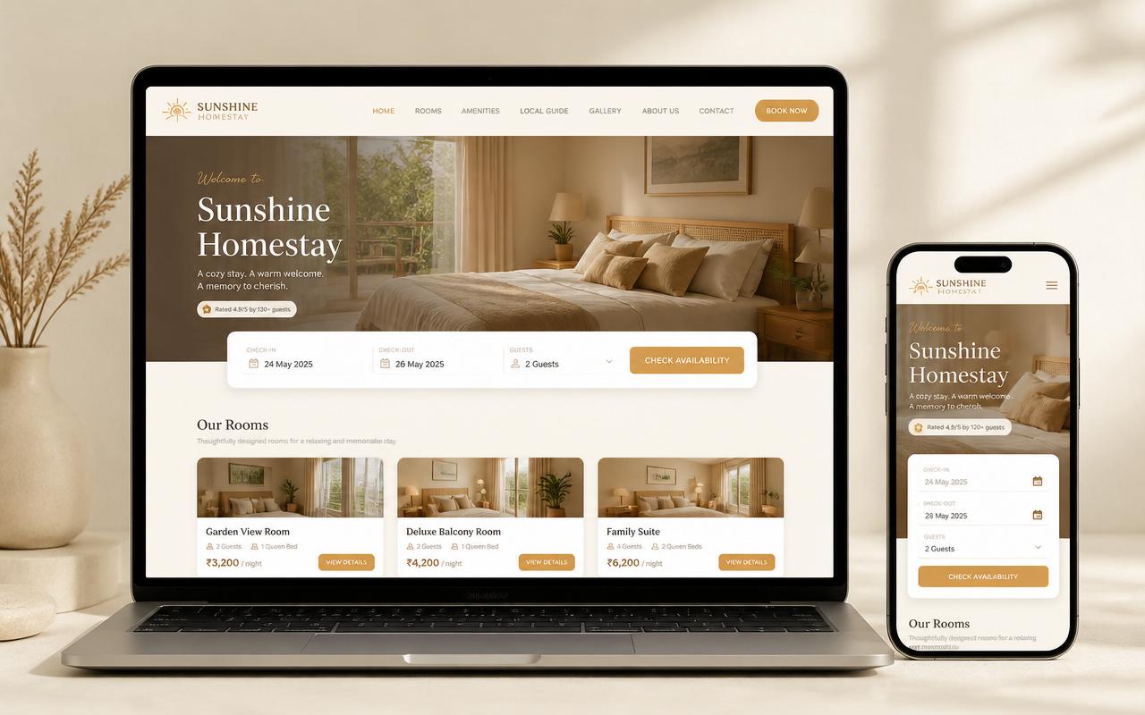 Sunshine Homestay direct booking website built by ScaleTube, shown on laptop and phone